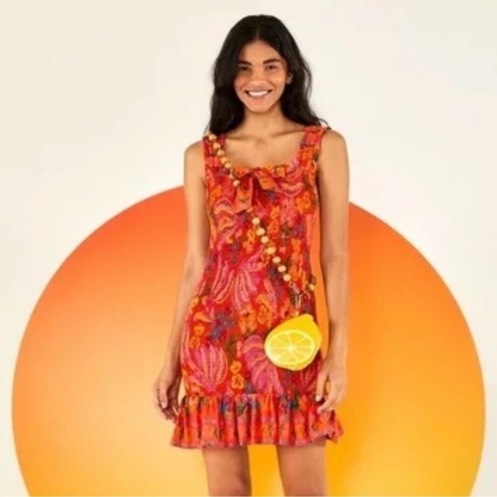 FARM RIO SPRING BANANAS SMOCKED MINI DRESS IN RED SIZE M - Picture 12 of 13
